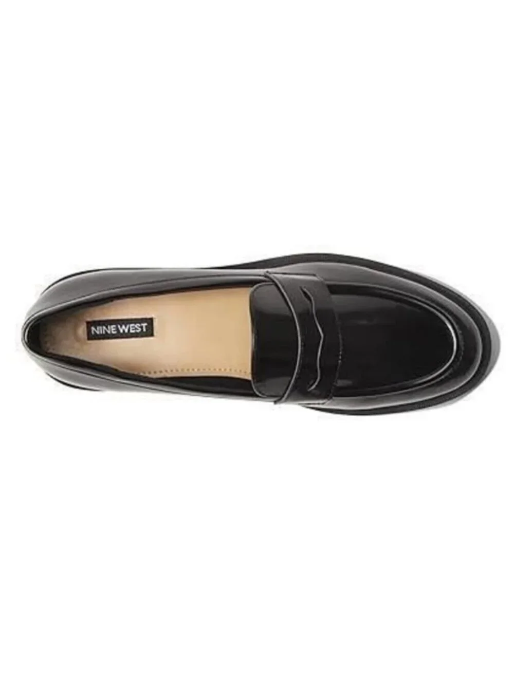 Nine West SZ 9 Maibel Black Glossy Lug Sole Loafer Career Academia Preppy Retro